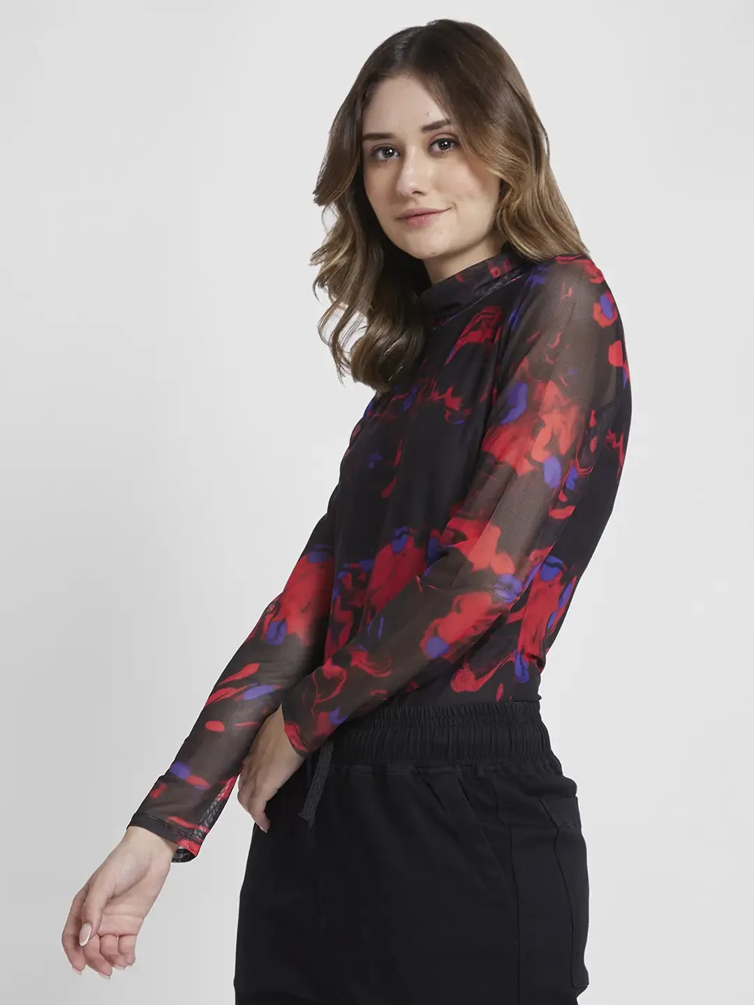 Spykar Women Red Blended Slim Fit Full Sleeve High Neck Printed Crop Tshirt