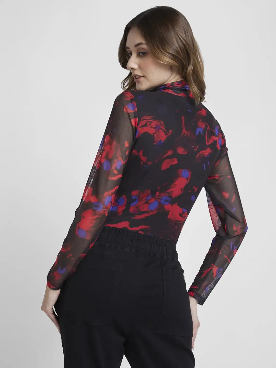 Spykar Women Red Blended Slim Fit Full Sleeve High Neck Printed Crop Tshirt