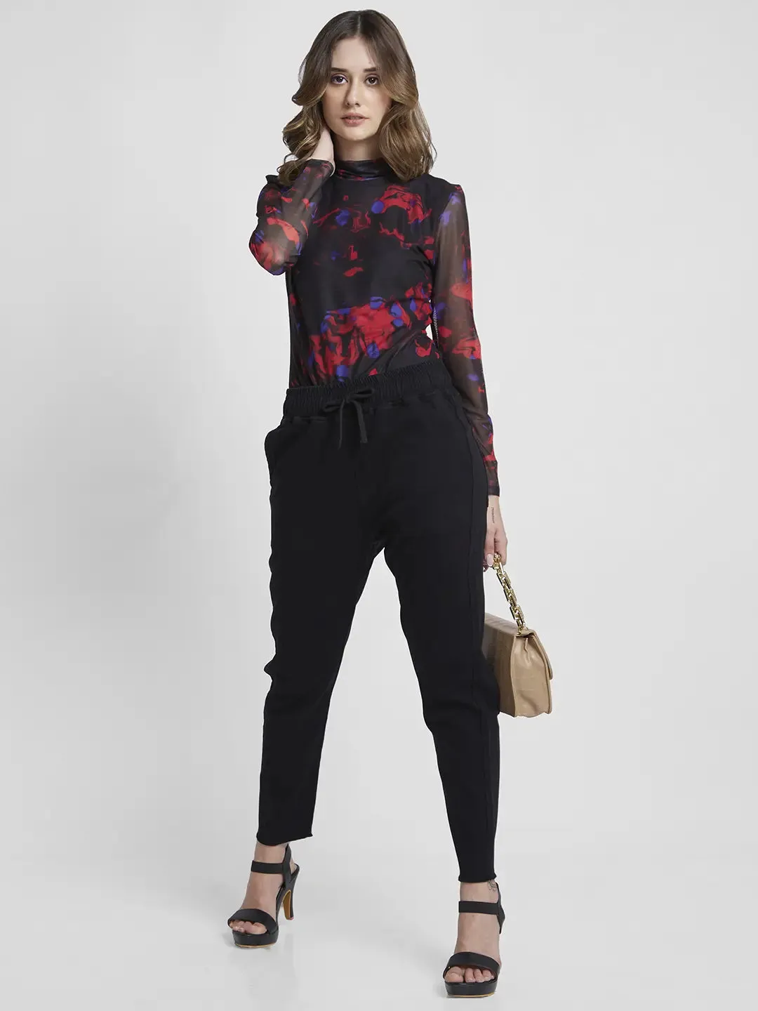 Spykar Women Red Blended Slim Fit Full Sleeve High Neck Printed Crop Tshirt