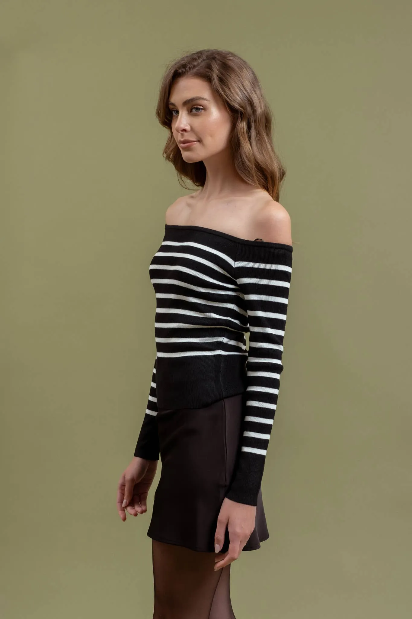 STRIPE OFF THE SHOULDER LONG SLEEVE KNIT SWEATER