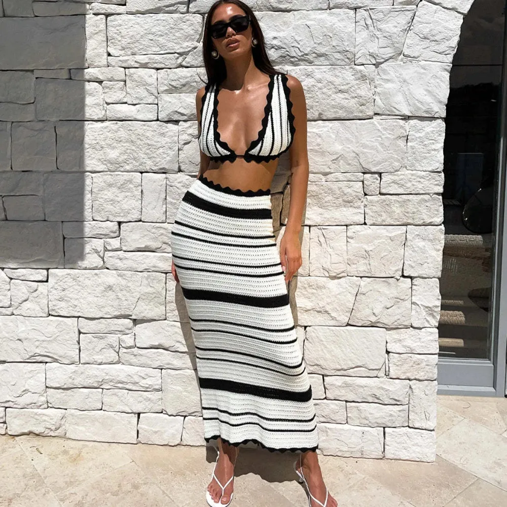 Summer Knitted Beach Skirt Sets Women Sexy Backless Slim Bohemian Outfits Fashion Striped Holiday Two Piece Set Beachwear
