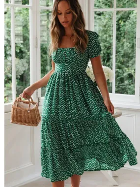 Summer Woman Floral Print Dress Fashion Casual Elegant Short Sleeve Dress Square Collar Beach Party Long Dress For Women Robe