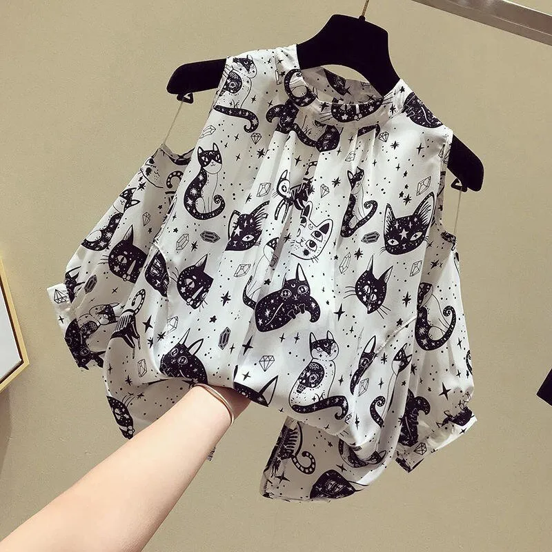 Summer Women Blouse Sexy Off Shoulder Chiffon Lantern Sleeve Loose Pattern