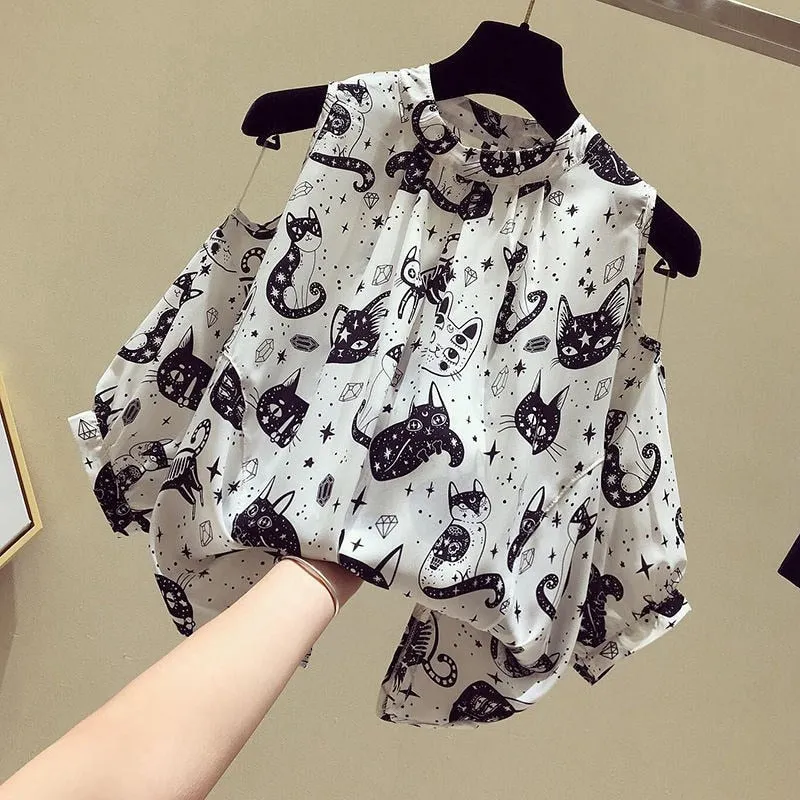 Summer Women Blouse Sexy Off Shoulder Chiffon Lantern Sleeve Loose Pattern