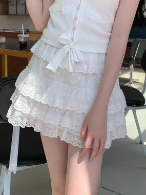 Summer Women Cute Lace Flower Embroidery Short Layered White Skirt