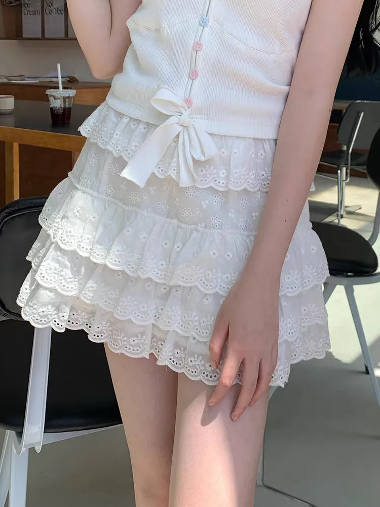 Summer Women Cute Lace Flower Embroidery Short Layered White Skirt
