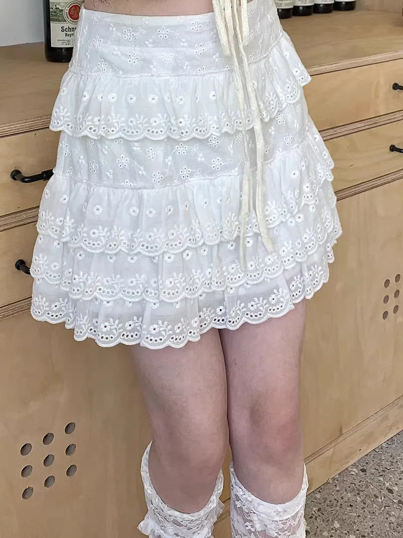 Summer Women Cute Lace Flower Embroidery Short Layered White Skirt