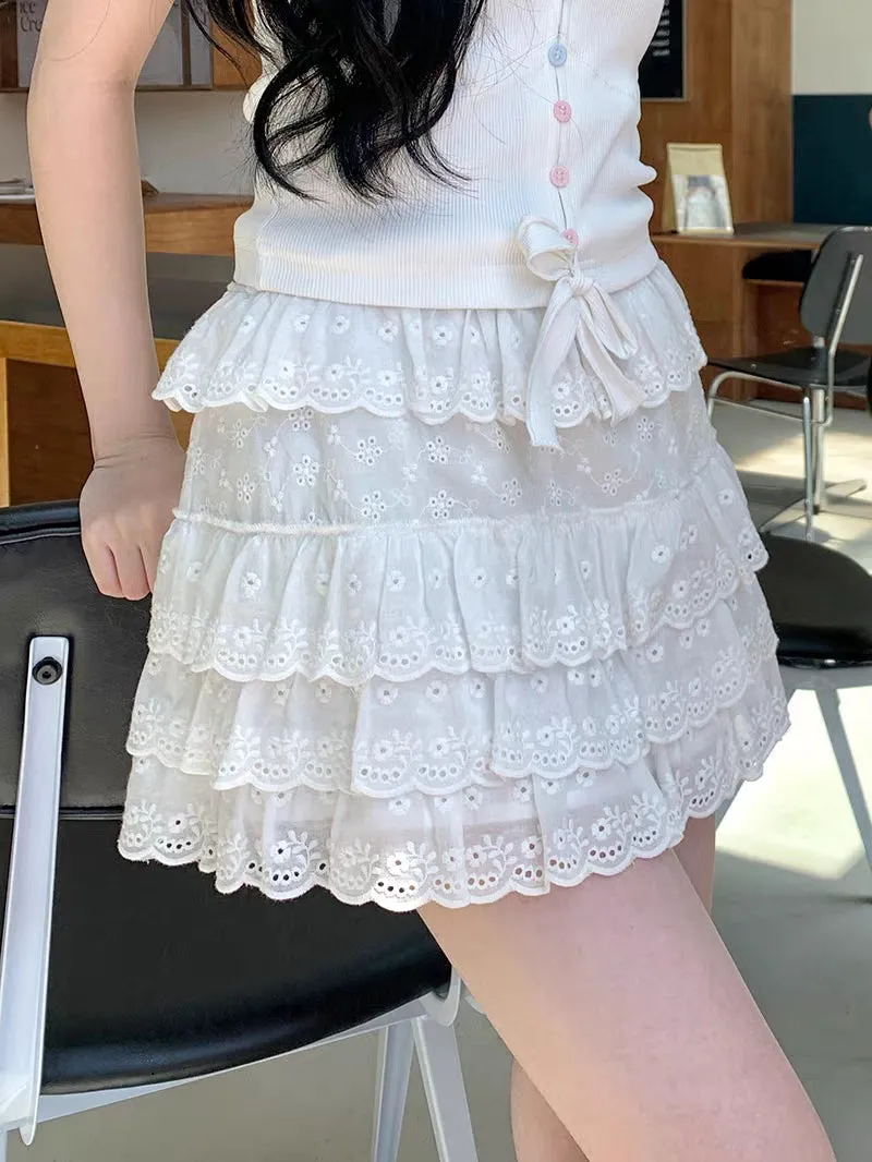 Summer Women Cute Lace Flower Embroidery Short Layered White Skirt