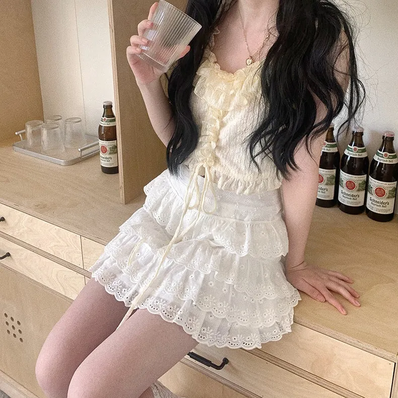 Summer Women Cute Lace Flower Embroidery Short Layered White Skirt