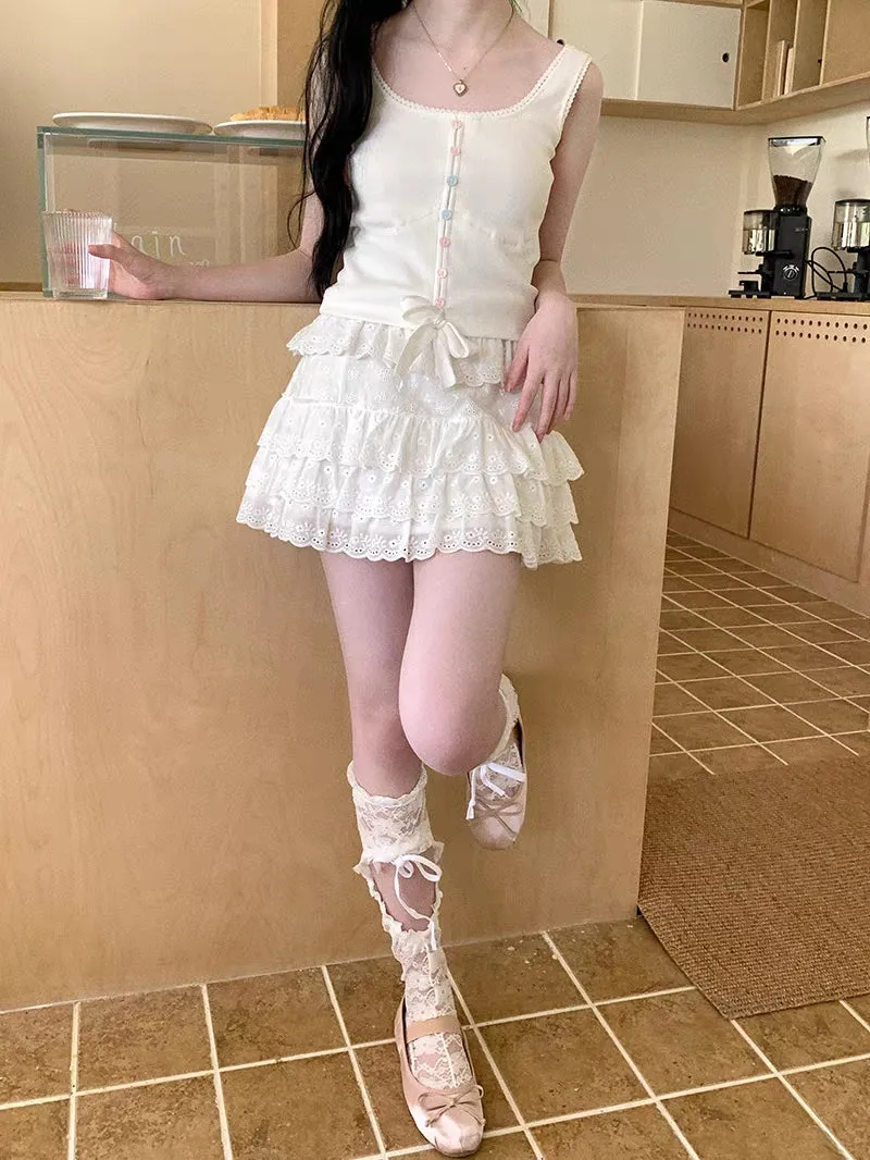 Summer Women Cute Lace Flower Embroidery Short Layered White Skirt