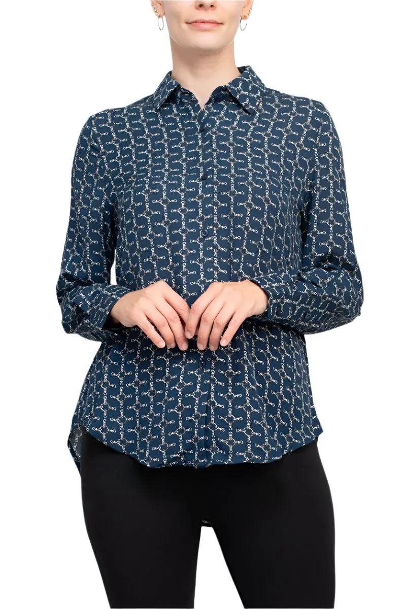 T Tahari collared 5 button closure cuffed long sleeve multi print chiffon shirt