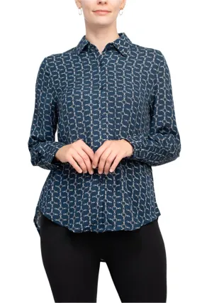 T Tahari collared 5 button closure cuffed long sleeve multi print chiffon shirt