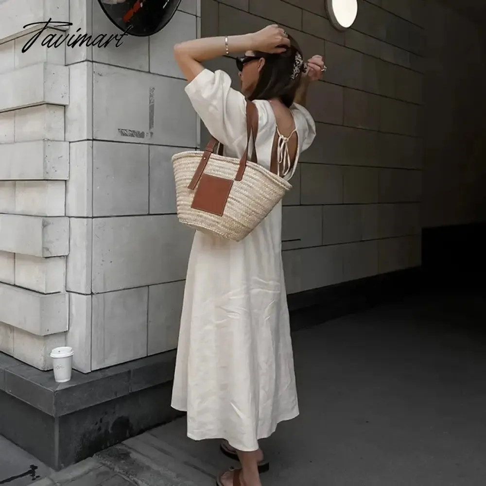 TAVIMART  -  linen dress women V-neck solid color summer dress half sleeve buttons down maxi dress autumn dress new