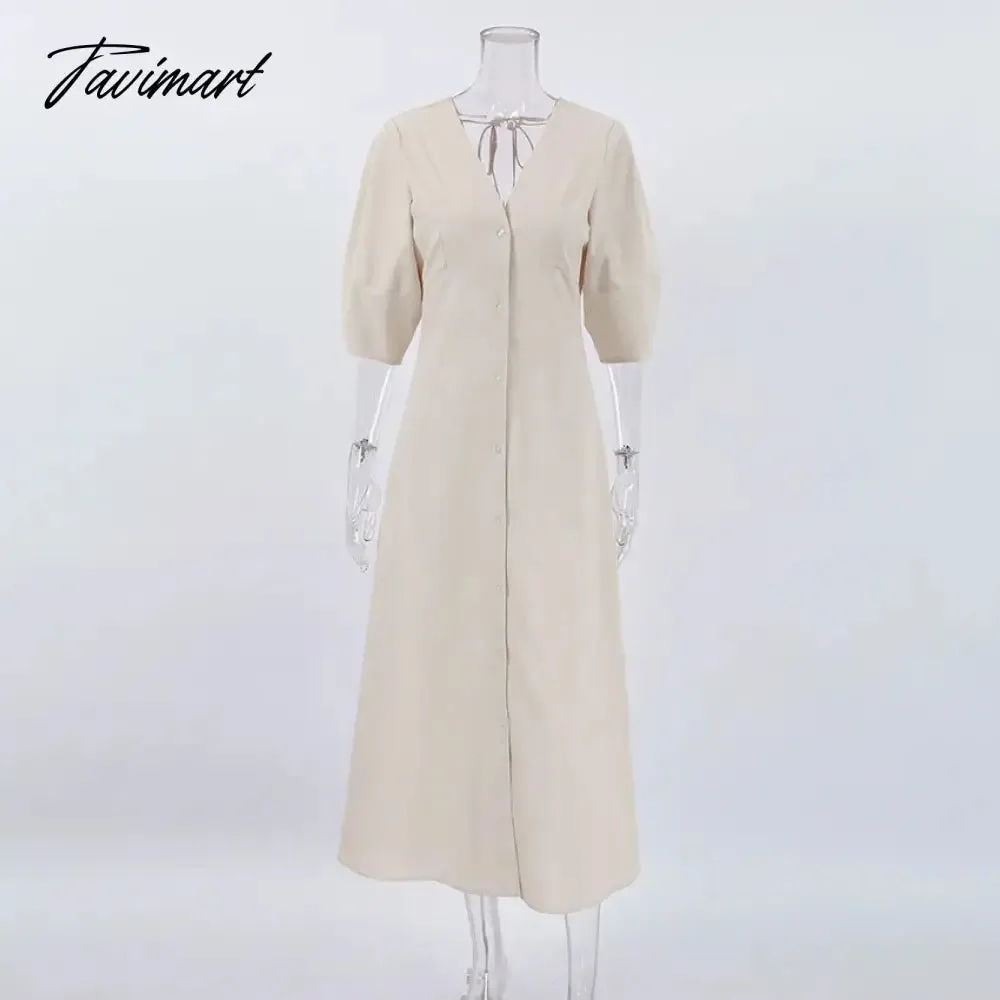 TAVIMART  -  linen dress women V-neck solid color summer dress half sleeve buttons down maxi dress autumn dress new