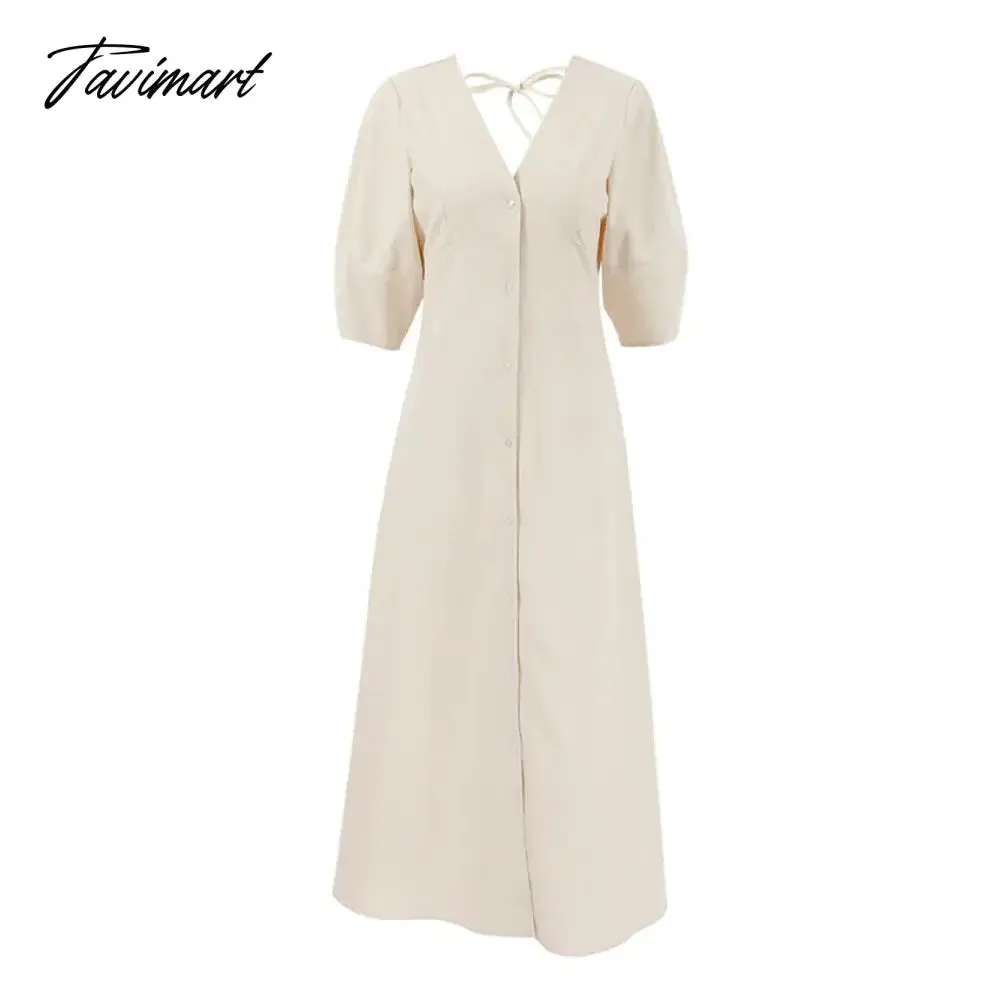 TAVIMART  -  linen dress women V-neck solid color summer dress half sleeve buttons down maxi dress autumn dress new