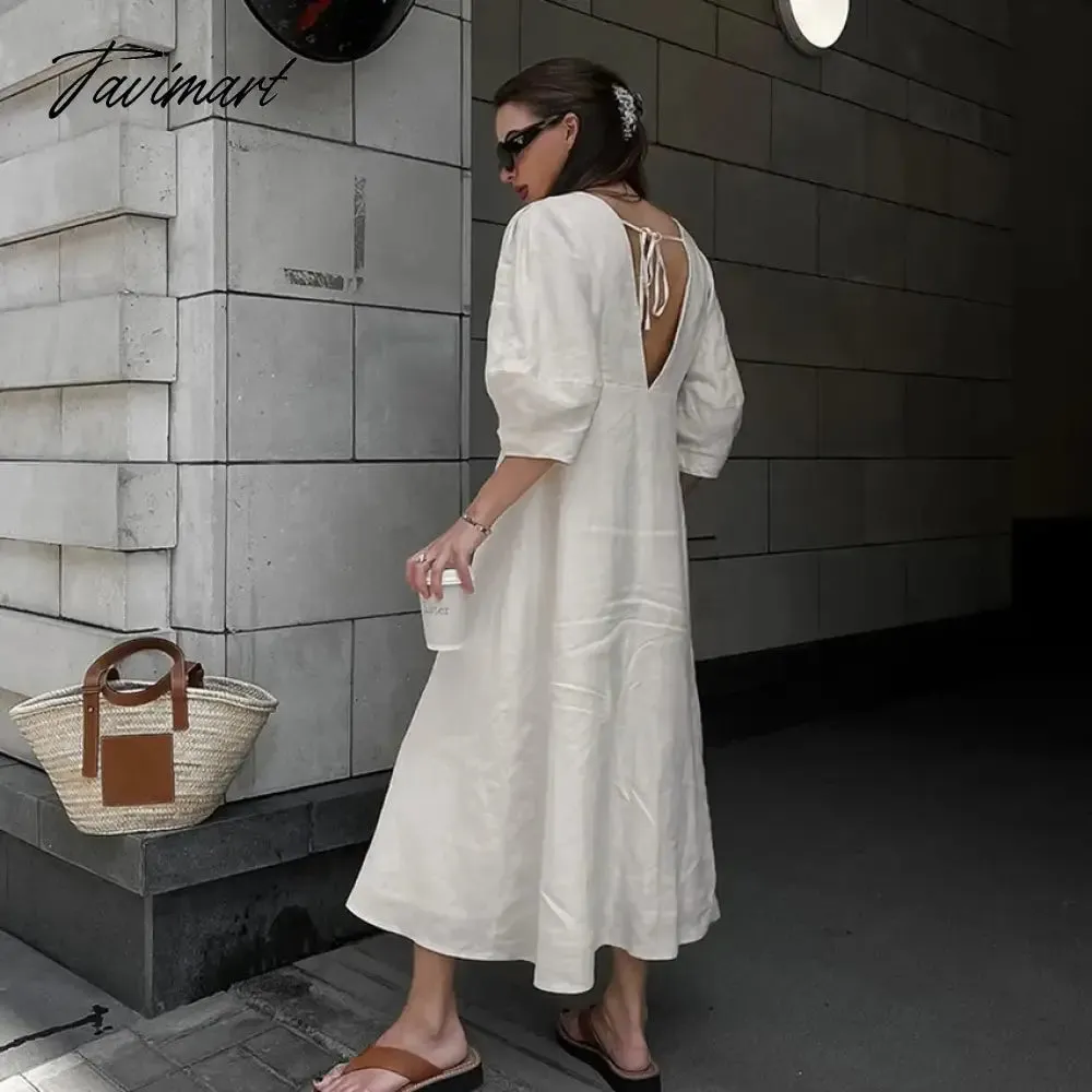 TAVIMART  -  linen dress women V-neck solid color summer dress half sleeve buttons down maxi dress autumn dress new