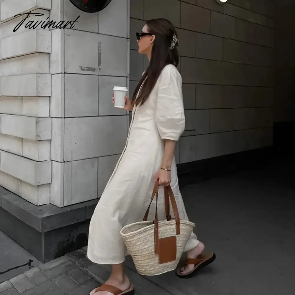 TAVIMART  -  linen dress women V-neck solid color summer dress half sleeve buttons down maxi dress autumn dress new