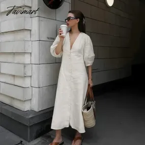 TAVIMART  -  linen dress women V-neck solid color summer dress half sleeve buttons down maxi dress autumn dress new
