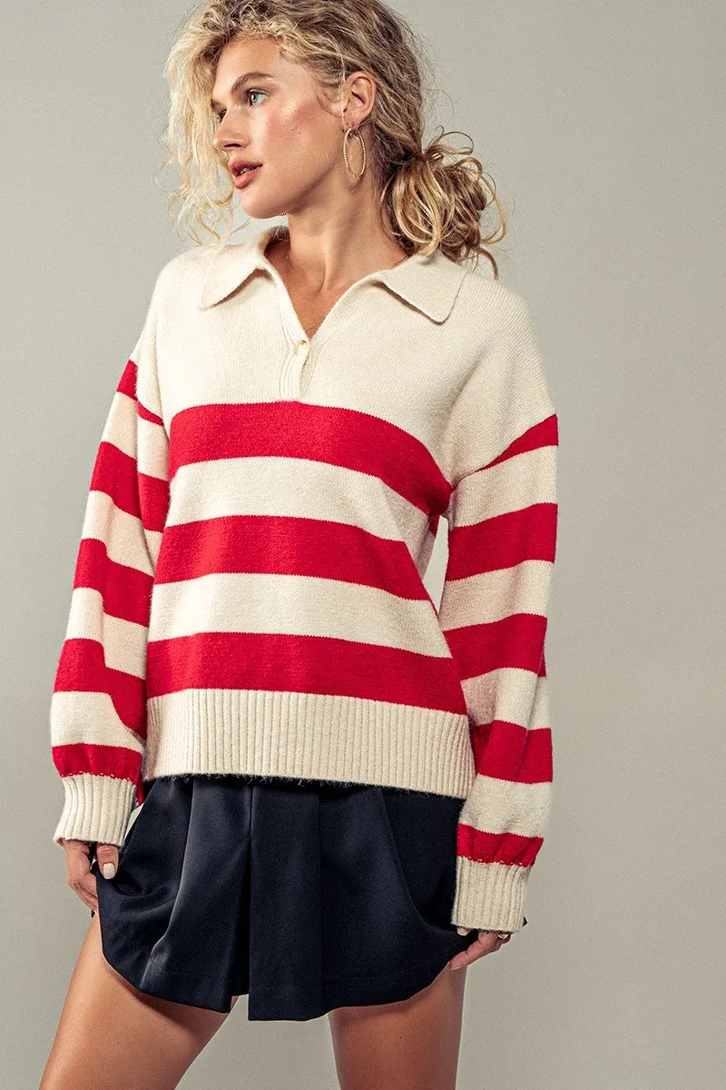 Taylor Striped Pullover- Red/Cream