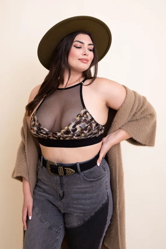 TEEK - Plus Size Multi-Brown Mesh Print High Neck Bralette