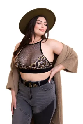 TEEK - Plus Size Multi-Brown Mesh Print High Neck Bralette