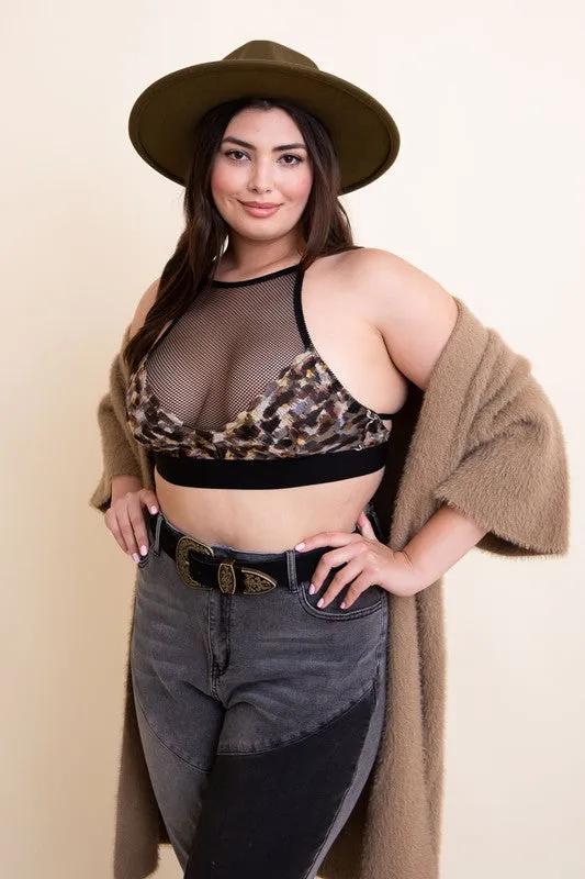 TEEK - Plus Size Multi-Brown Mesh Print High Neck Bralette