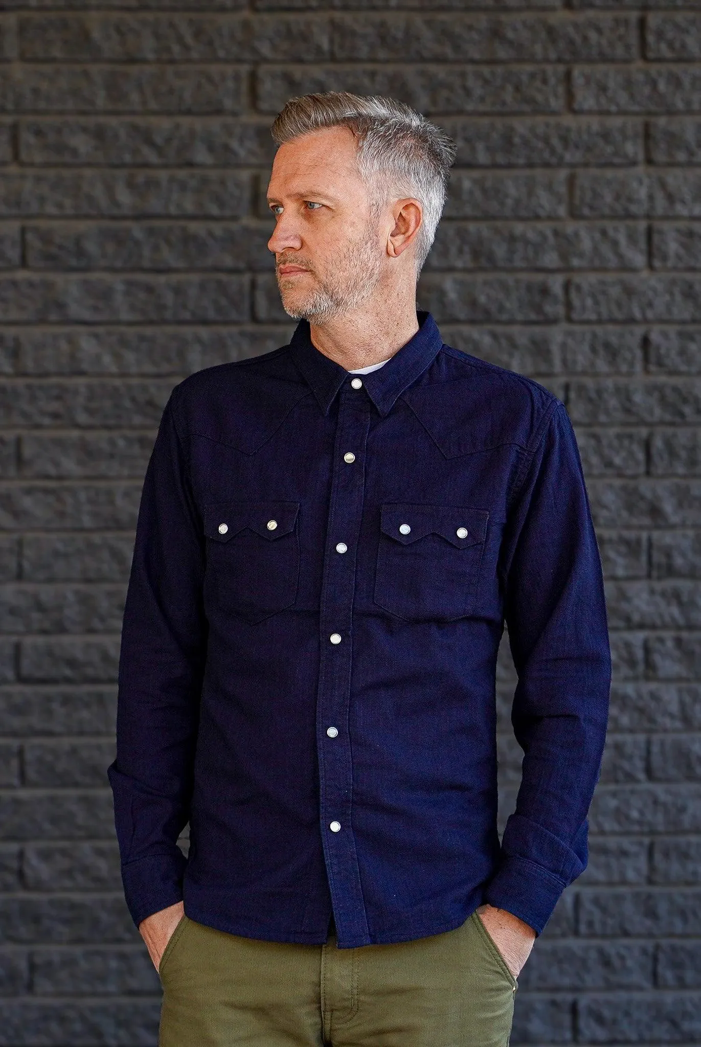 The Flat Head FN-SCW-002L Indigo Dobby Western Shirt