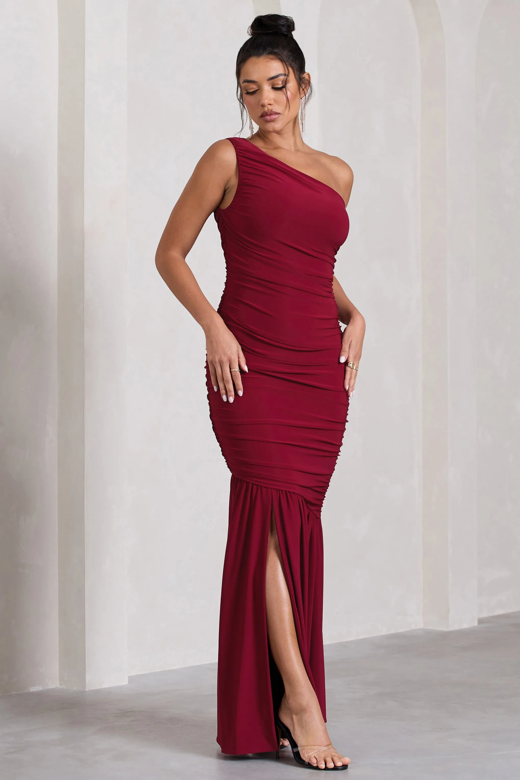 The Limelight | Berry One Shoulder Ruched  Maxi Dress