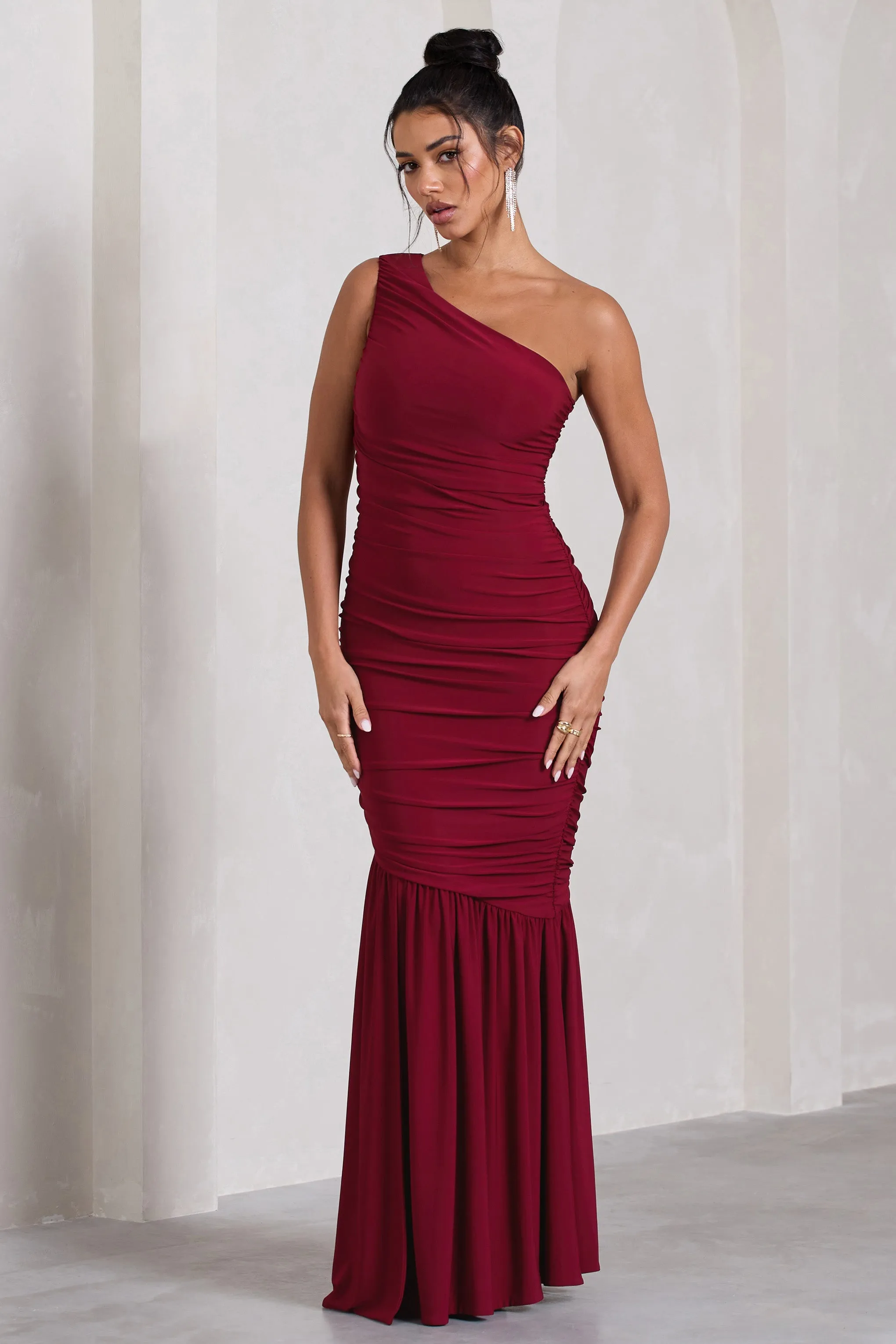The Limelight | Berry One Shoulder Ruched  Maxi Dress