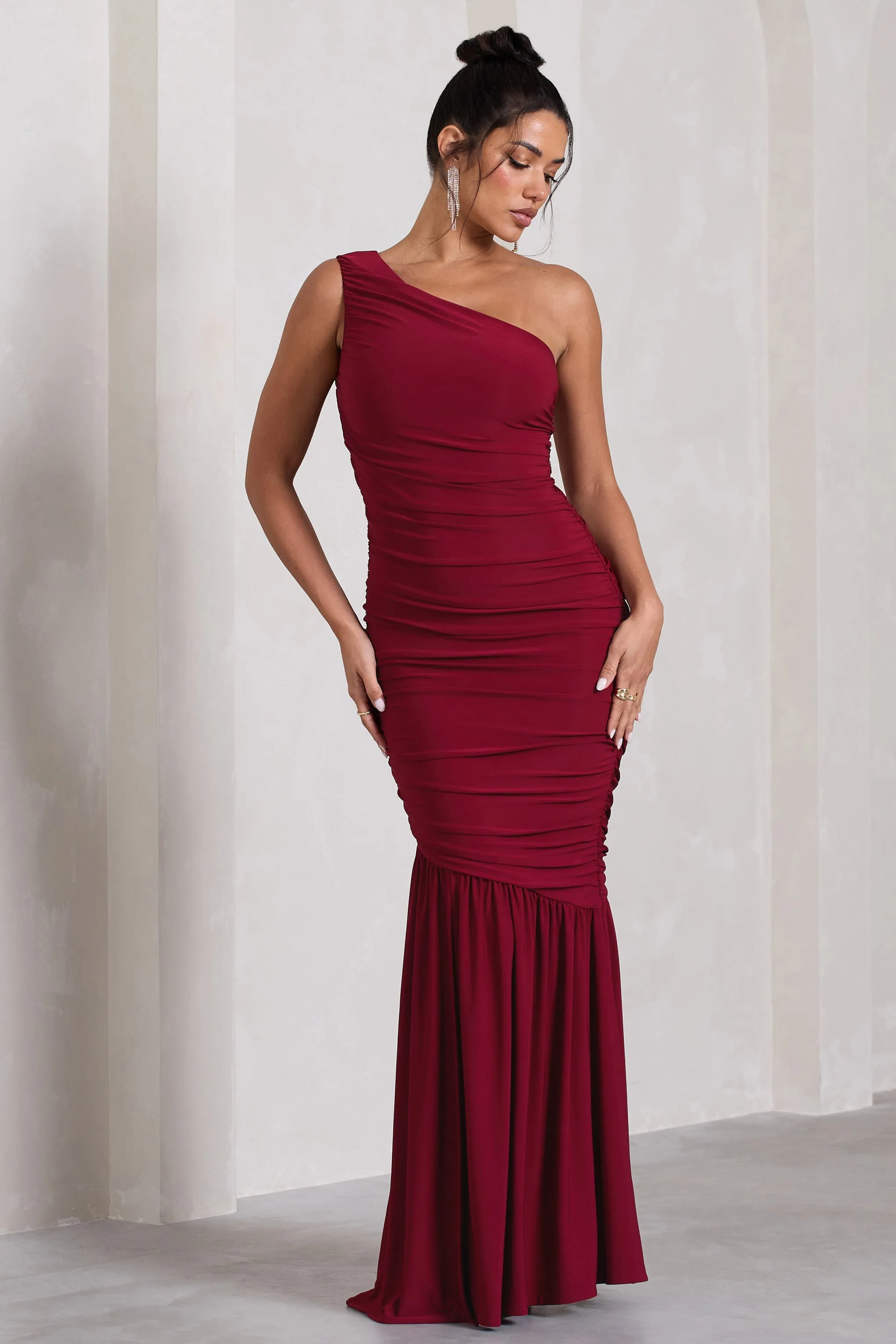 The Limelight | Berry One Shoulder Ruched  Maxi Dress