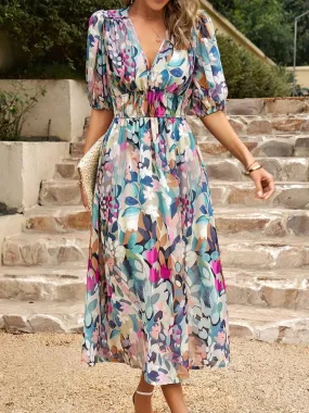 Toleet-Summer Mesh Print Lantern Sleeve Vintage Dress Women Elegant V-neck Elastic Waist Midi Dress 2024 New Chic Party Dress Female