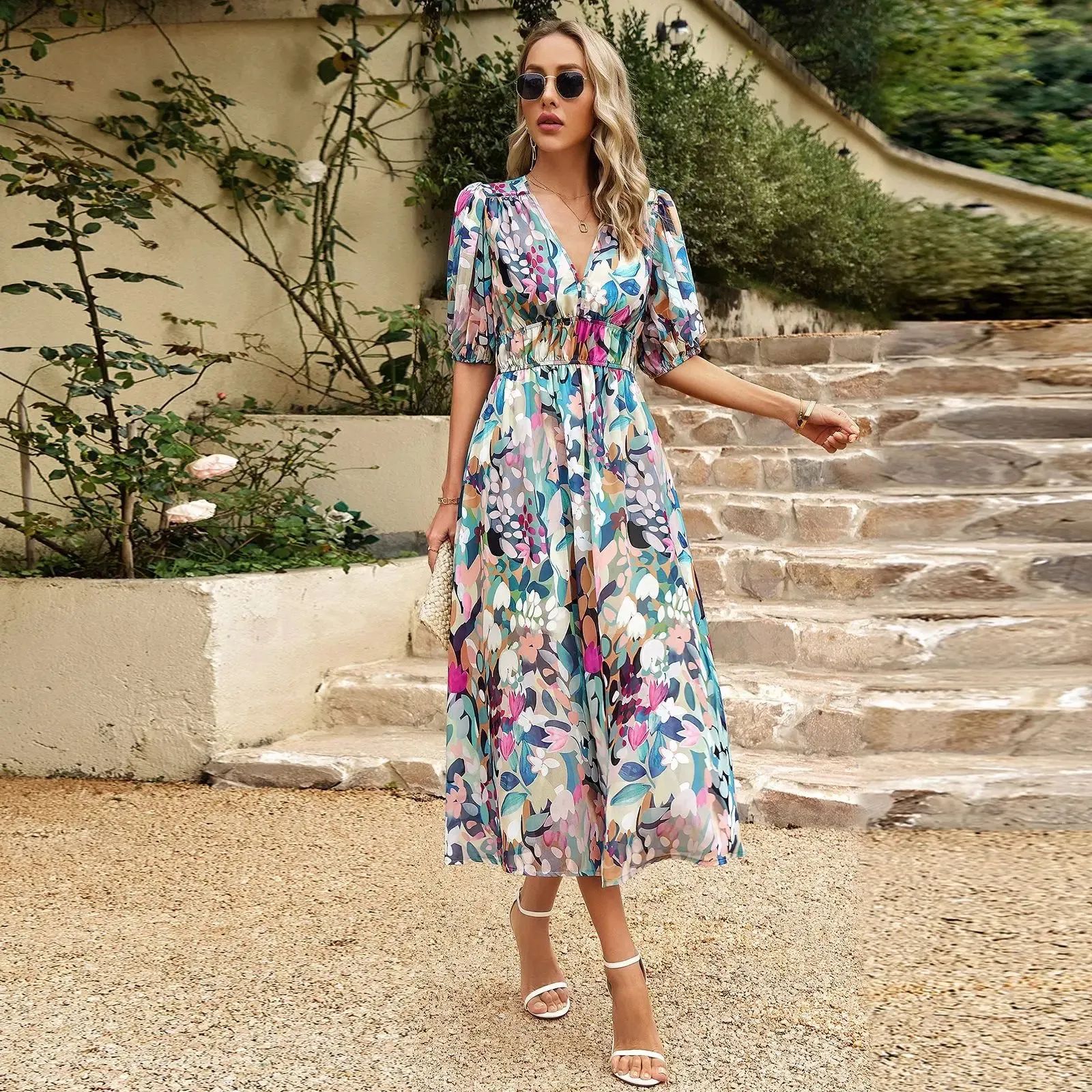 Toleet-Summer Mesh Print Lantern Sleeve Vintage Dress Women Elegant V-neck Elastic Waist Midi Dress 2024 New Chic Party Dress Female