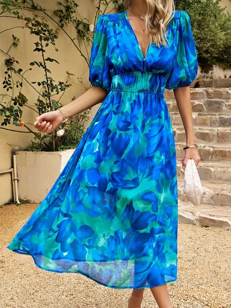 Toleet-Summer Mesh Print Lantern Sleeve Vintage Dress Women Elegant V-neck Elastic Waist Midi Dress 2024 New Chic Party Dress Female