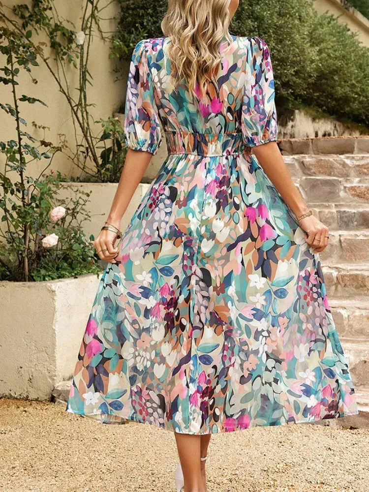 Toleet-Summer Mesh Print Lantern Sleeve Vintage Dress Women Elegant V-neck Elastic Waist Midi Dress 2024 New Chic Party Dress Female