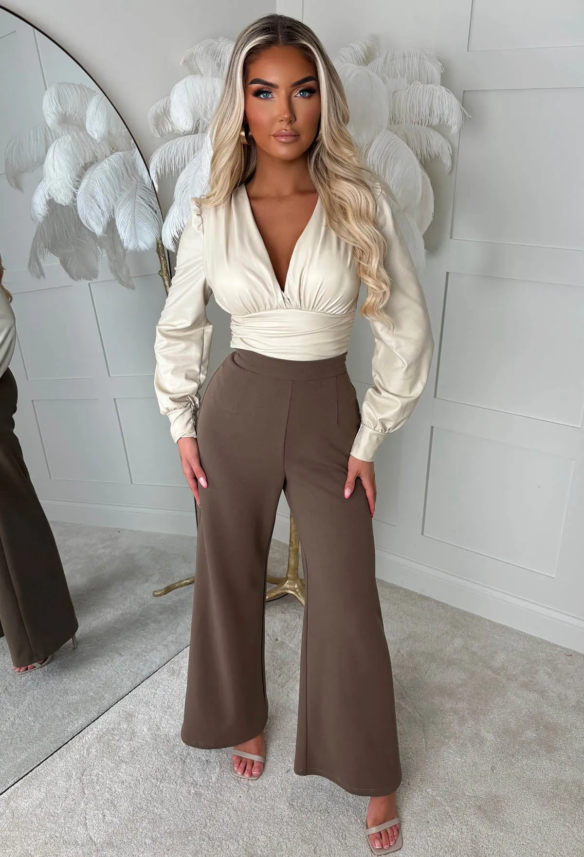 Ultimate Flame Beige Faux Leather Plunge Bodysuit