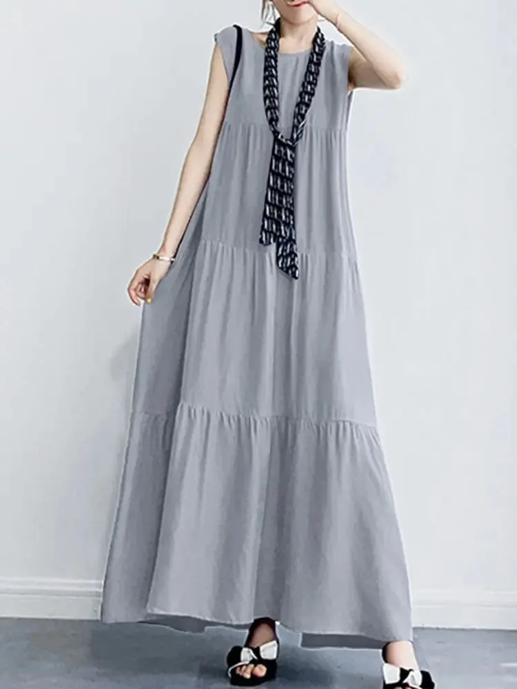 Uniwim Women Summer Maxi Long Dress Elegant O Neck Sleeveless Sundress Stylish Solid Ruffles Dresses Party Vestidos Robe Femme