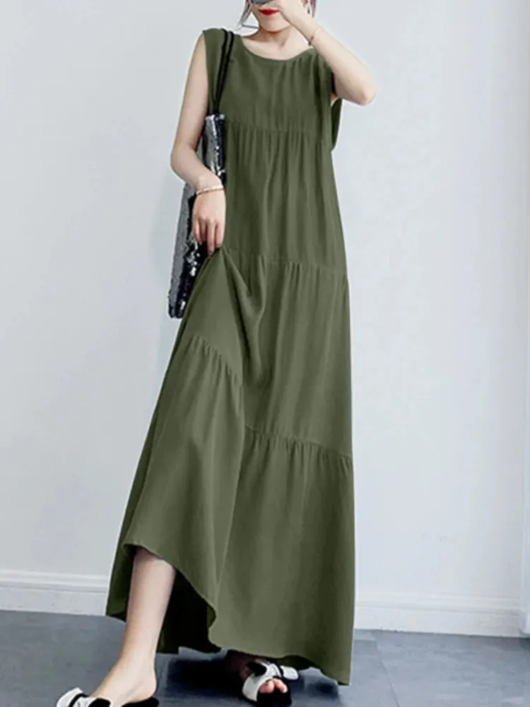 Uniwim Women Summer Maxi Long Dress Elegant O Neck Sleeveless Sundress Stylish Solid Ruffles Dresses Party Vestidos Robe Femme