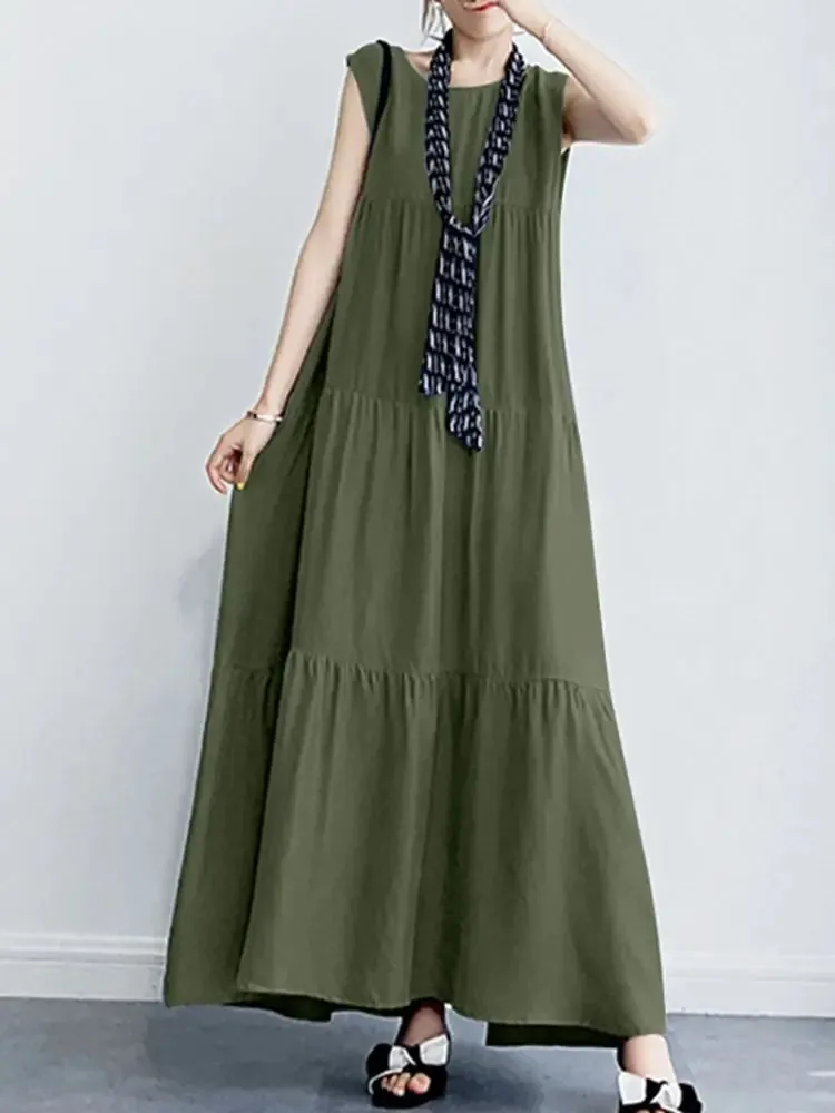 Uniwim Women Summer Maxi Long Dress Elegant O Neck Sleeveless Sundress Stylish Solid Ruffles Dresses Party Vestidos Robe Femme