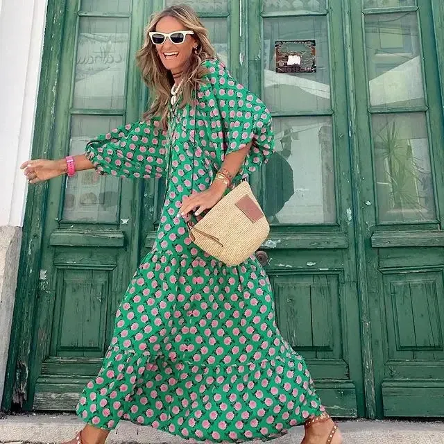 Uniwim Summer Puff Sleeve Long Dress Women Geometric Print Splicing Half Sleeve Dress Elegant V-Neck Loose Holiday Beach Dress Vestidos