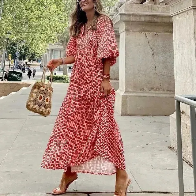 Uniwim Summer Puff Sleeve Long Dress Women Geometric Print Splicing Half Sleeve Dress Elegant V-Neck Loose Holiday Beach Dress Vestidos