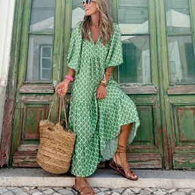 Uniwim Summer Puff Sleeve Long Dress Women Geometric Print Splicing Half Sleeve Dress Elegant V-Neck Loose Holiday Beach Dress Vestidos