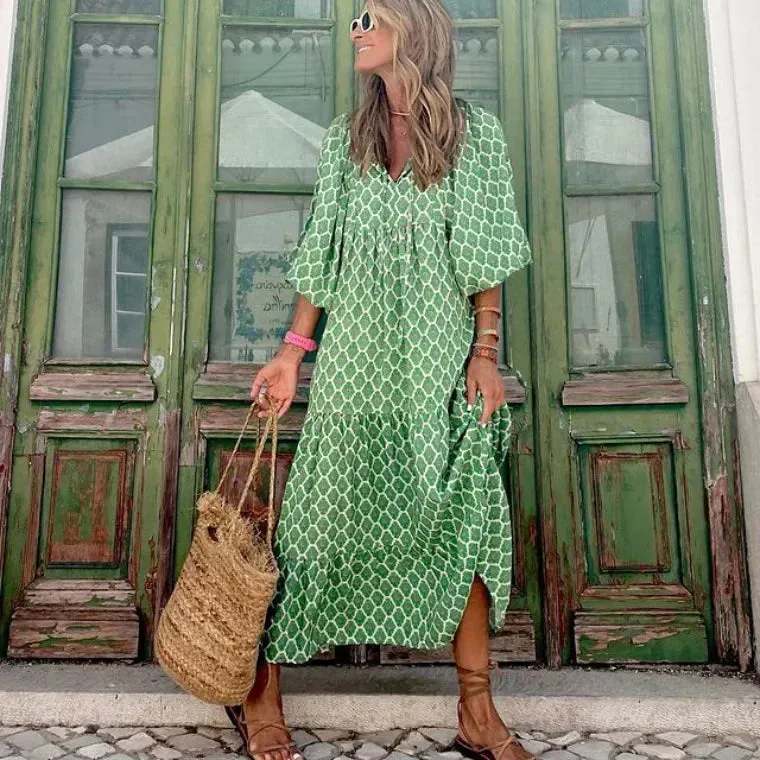 Uniwim Summer Puff Sleeve Long Dress Women Geometric Print Splicing Half Sleeve Dress Elegant V-Neck Loose Holiday Beach Dress Vestidos