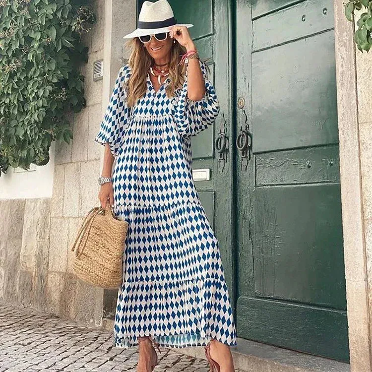 Uniwim Summer Puff Sleeve Long Dress Women Geometric Print Splicing Half Sleeve Dress Elegant V-Neck Loose Holiday Beach Dress Vestidos