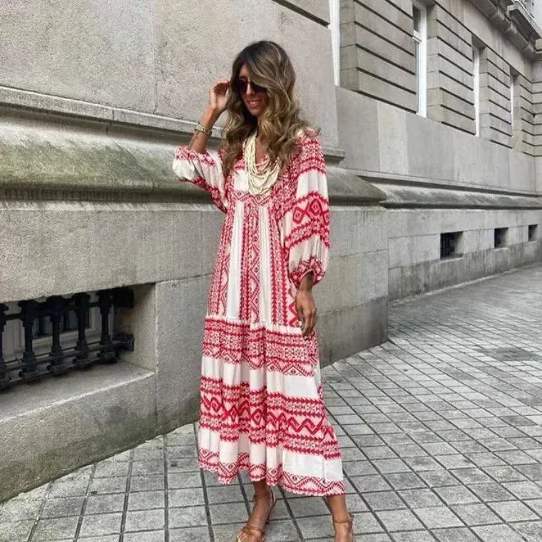 Uniwim Summer Puff Sleeve Long Dress Women Geometric Print Splicing Half Sleeve Dress Elegant V-Neck Loose Holiday Beach Dress Vestidos
