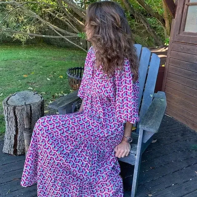 Uniwim Summer Puff Sleeve Long Dress Women Geometric Print Splicing Half Sleeve Dress Elegant V-Neck Loose Holiday Beach Dress Vestidos