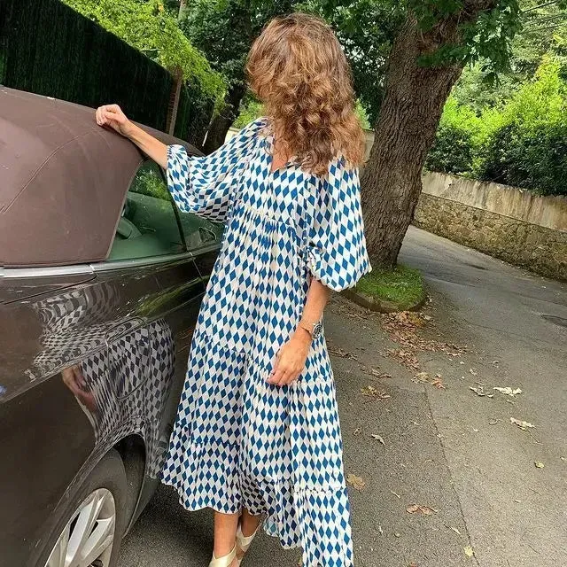 Uniwim Summer Puff Sleeve Long Dress Women Geometric Print Splicing Half Sleeve Dress Elegant V-Neck Loose Holiday Beach Dress Vestidos