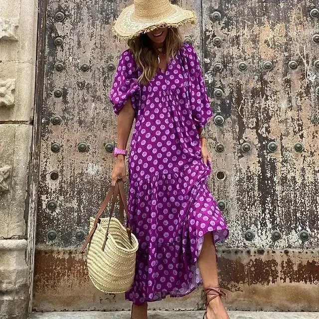 Uniwim Summer Puff Sleeve Long Dress Women Geometric Print Splicing Half Sleeve Dress Elegant V-Neck Loose Holiday Beach Dress Vestidos