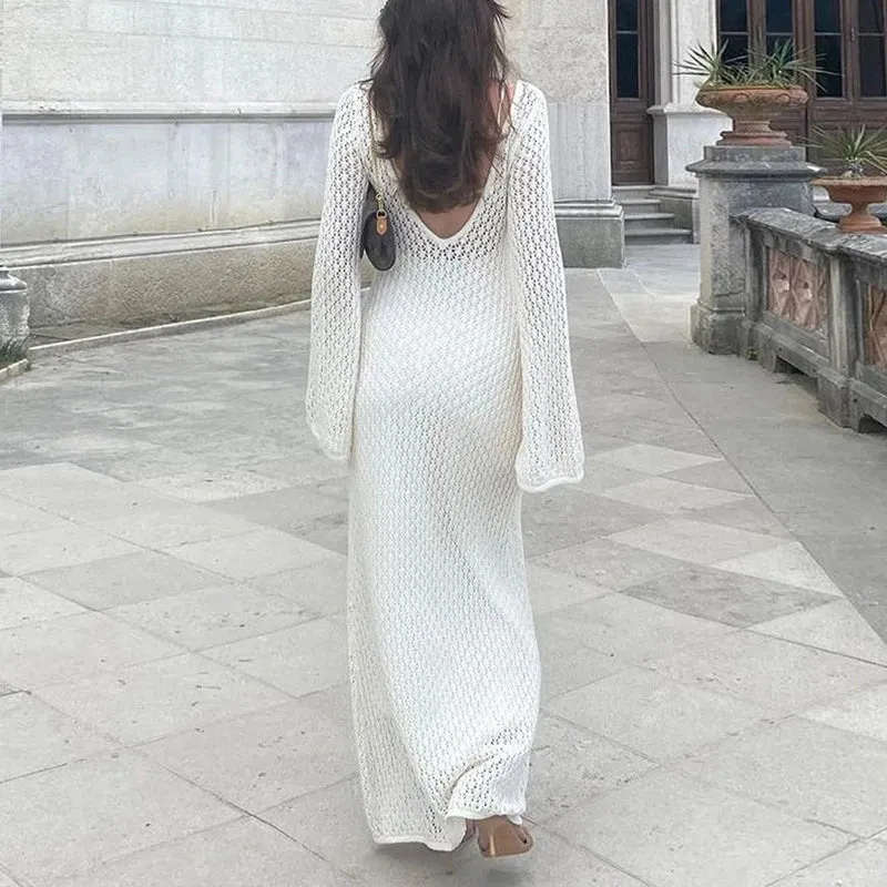Uniwim聽Women Beach Style Knitted Hollow Out Long Dress Elegant Crochet Flare Sleeve Low Cut V Neck Backless Dress Club Party Vestidos