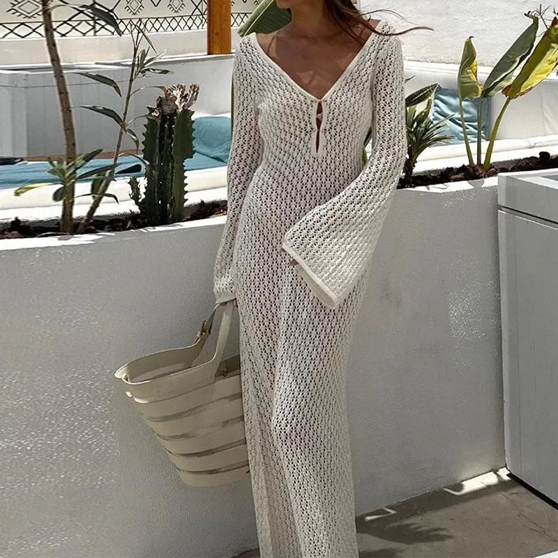 Uniwim聽Women Beach Style Knitted Hollow Out Long Dress Elegant Crochet Flare Sleeve Low Cut V Neck Backless Dress Club Party Vestidos