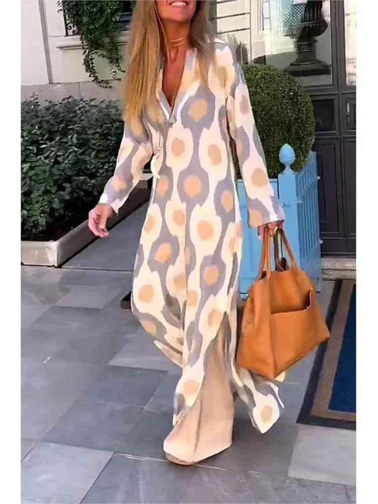 Uniwim Women Geometric Printing Split Maxi Dress 2024 Autumn Causal V Neck Long Sleeve Dresses Female Holiday Beach Boho Dress Vestidos
